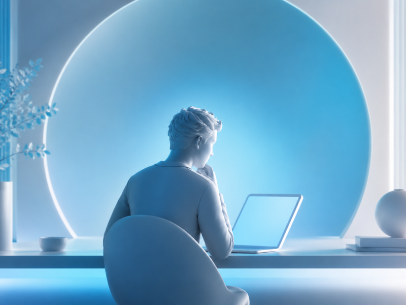 How UX design changed my life: a person observing a digital interface in a minimalist blue and white environment, representing clarity, reflection, and professional transformation through UX design.
